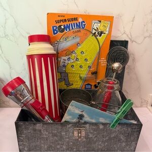 Antique metal lockbox bundle vignette Mallory flashlight Universal thermos etc.
